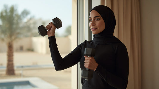 امرأة في الأربعينيات تمارس تمارين القوة بالأوزان في المنزل